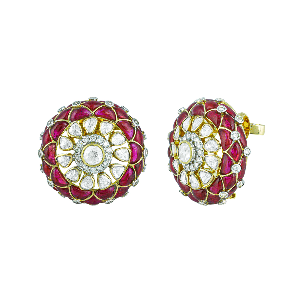 Floral Polki Earrings with Red Gemstone Talaf